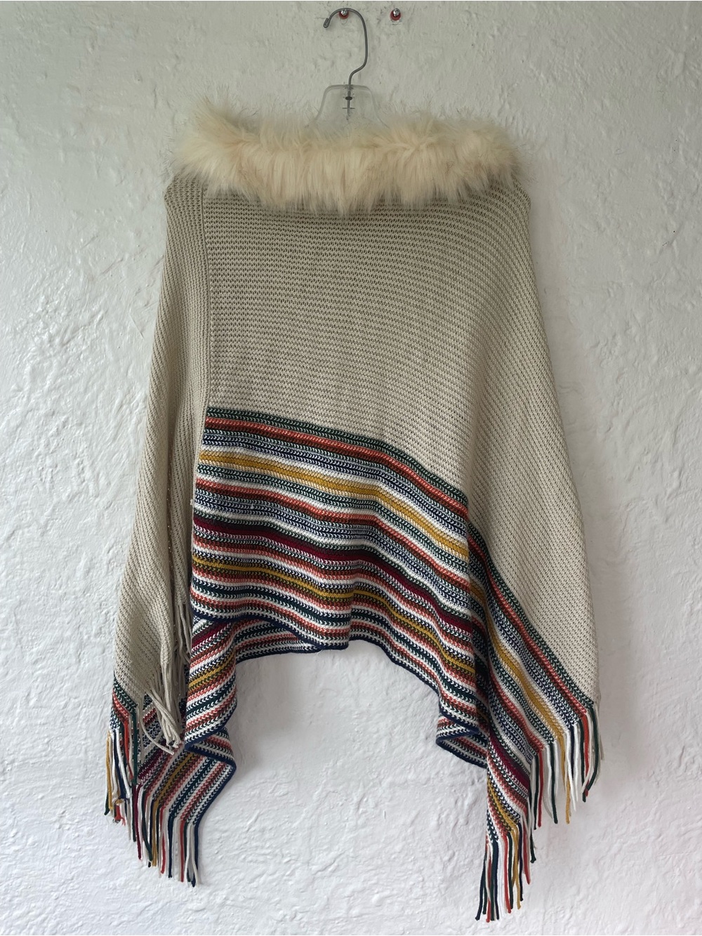 Northern Angel 100% acrylic wool colorful striped, fringe fur poncho; L / XL